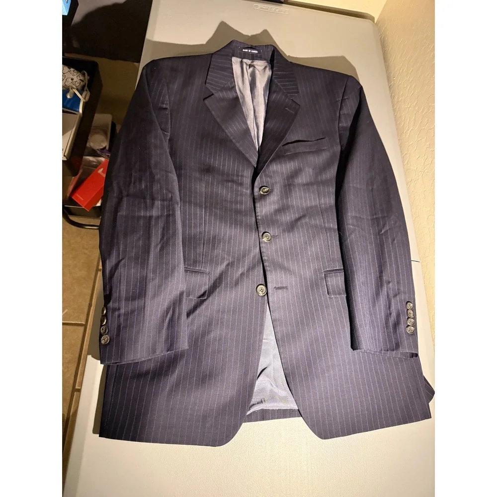 Ralph Ralph Lauren Mens Pinstripe Suit Navy Blue Wool 3 Button Blazer 42R 33x33